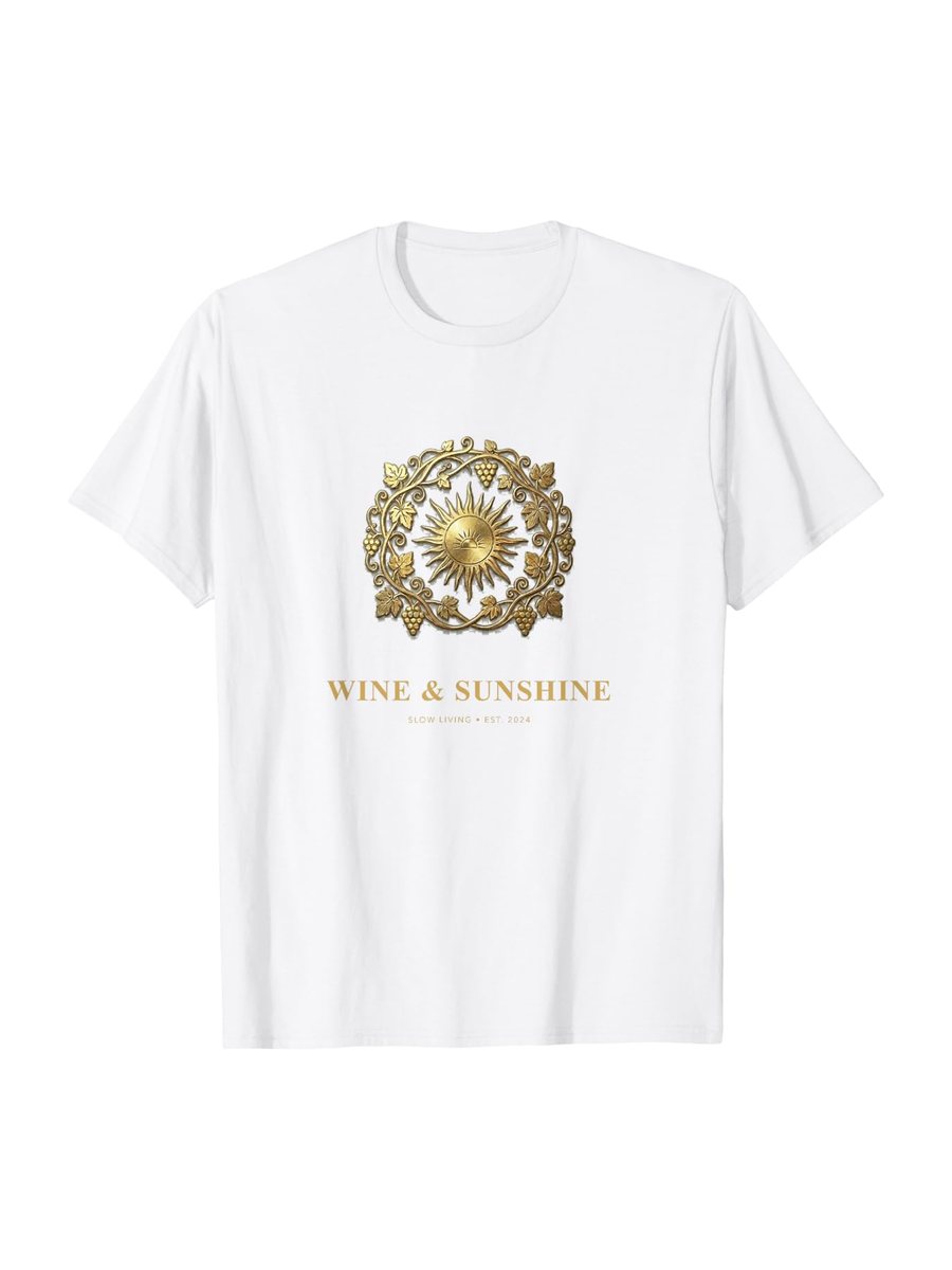 Wine and Sunshine crest on a white t-shirt